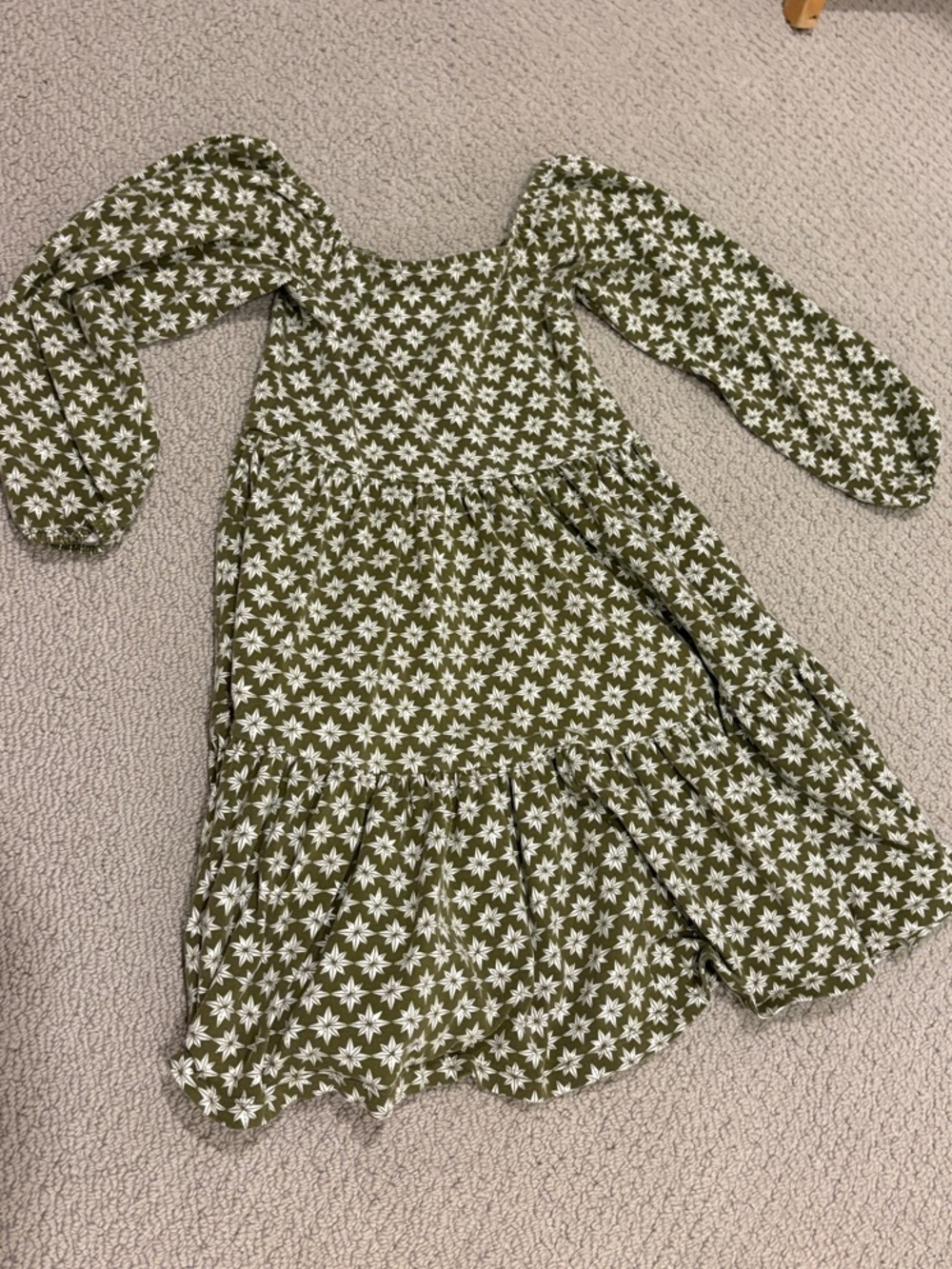 Girls Olive Green Floral Tiered Long-Sleeve Dress with Square Neck